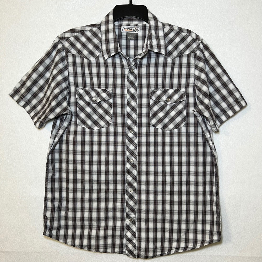Urban Pipeline Pearl Snap Shirt Plaid Y2K Skater Indie Sleaze Brown White Men L